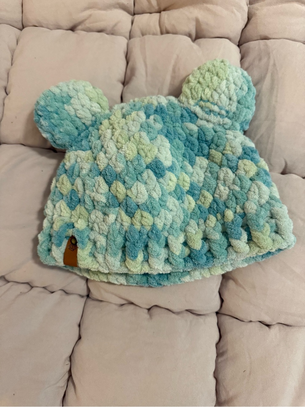 Cozy Plush Teddy Ear Kids Hat in Aqua & Light Green